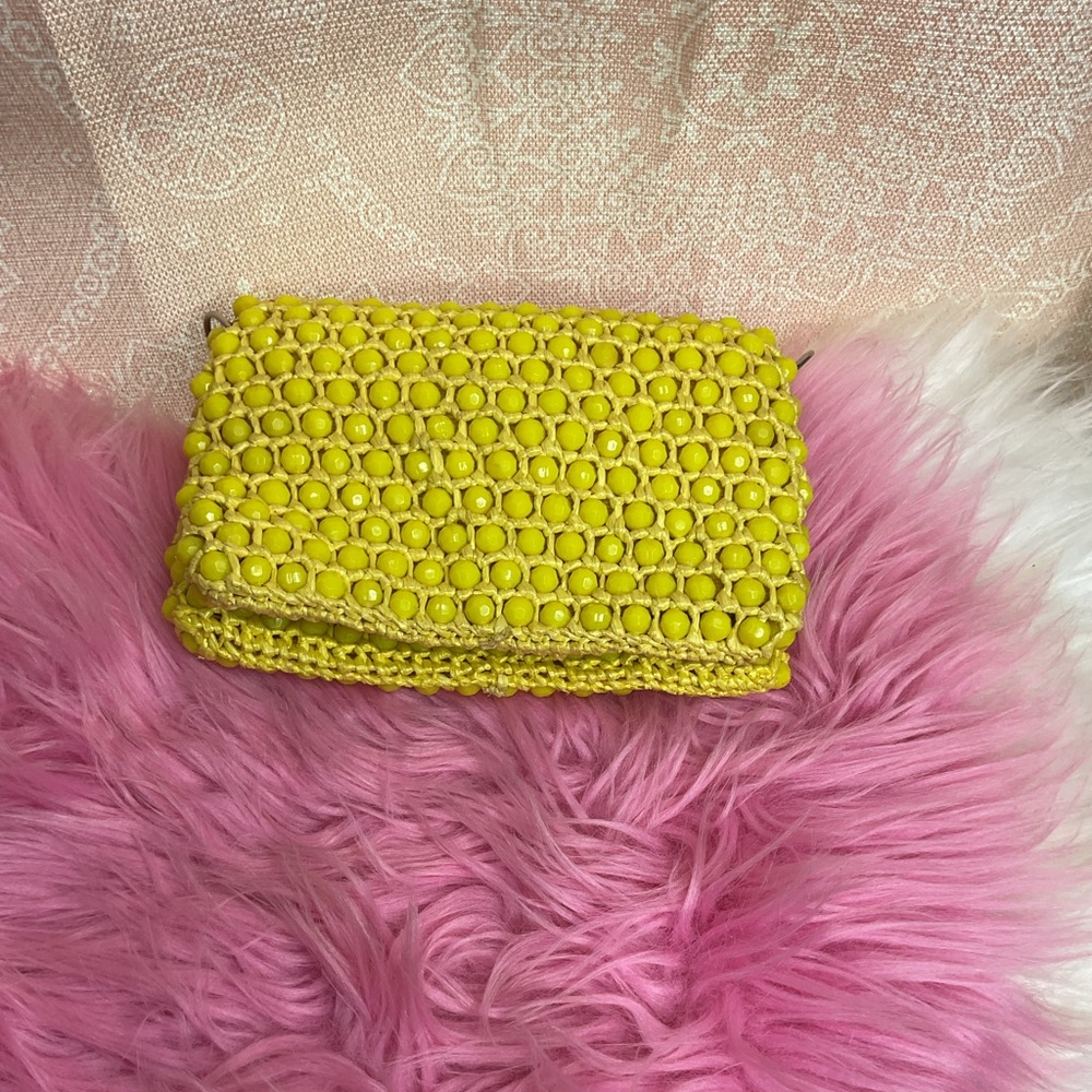 Mod Yellow Faceted Beaded Raffia Straw Purse - Picture 4 of 7